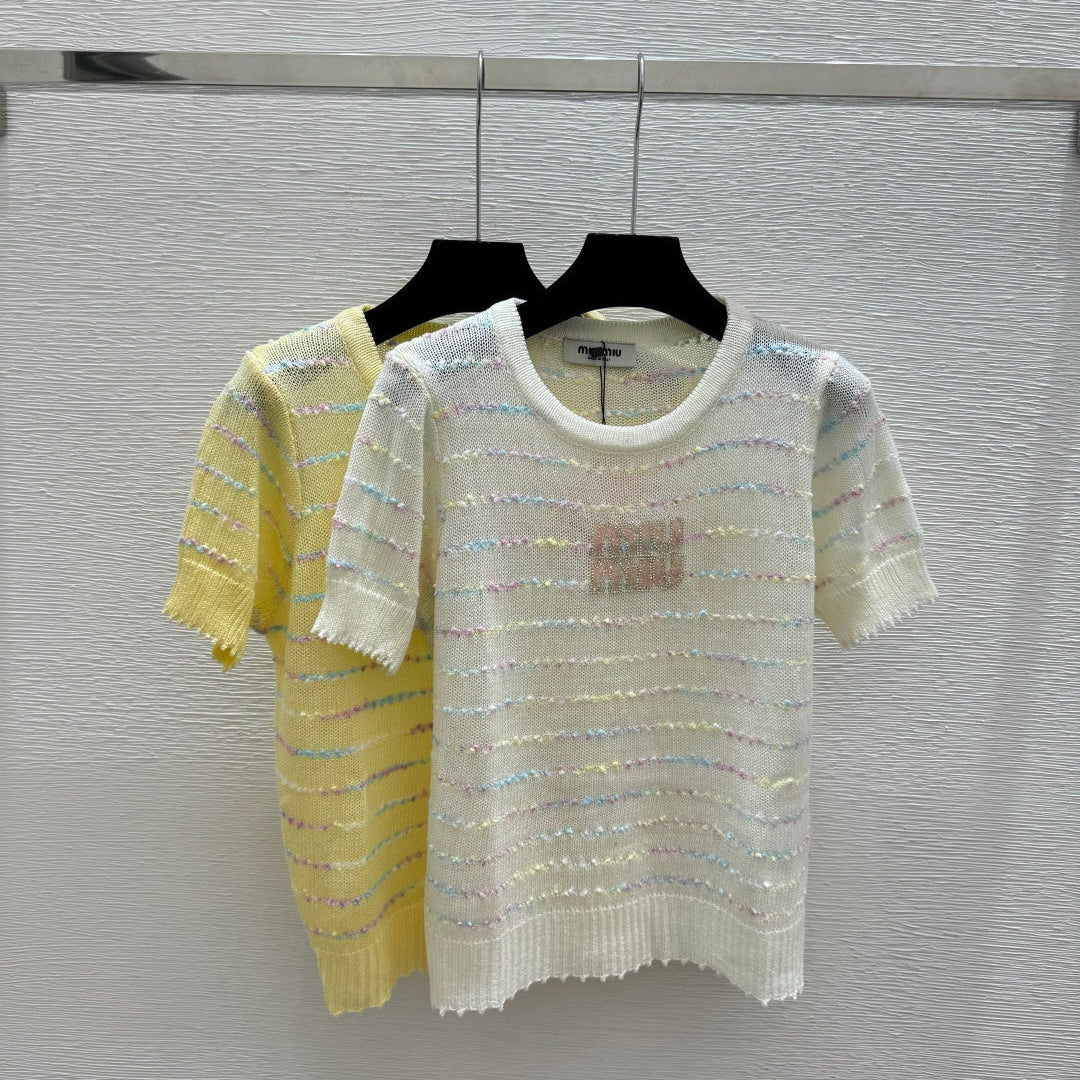 Miumiu 2026 Colorful Striped Knit Short-sleeved Top Wool Polyester 397172