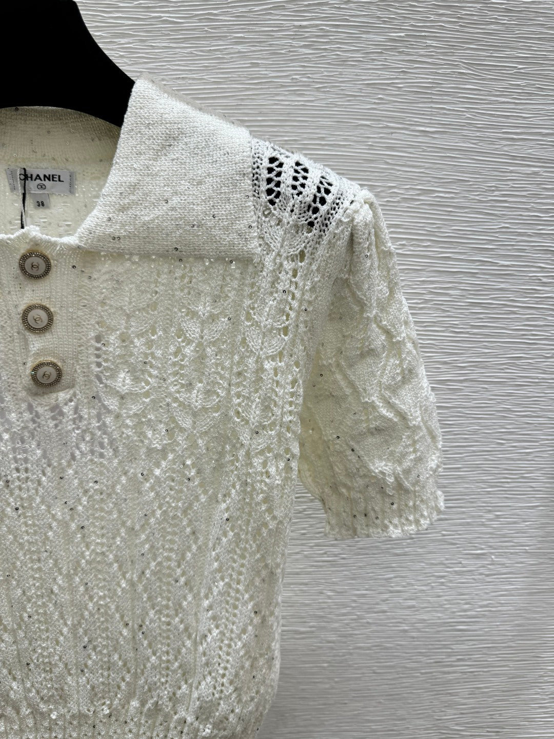 Chanel 2026 Sequin Hollow-Out Collar Knit Short-Sleeve Cotton 397678