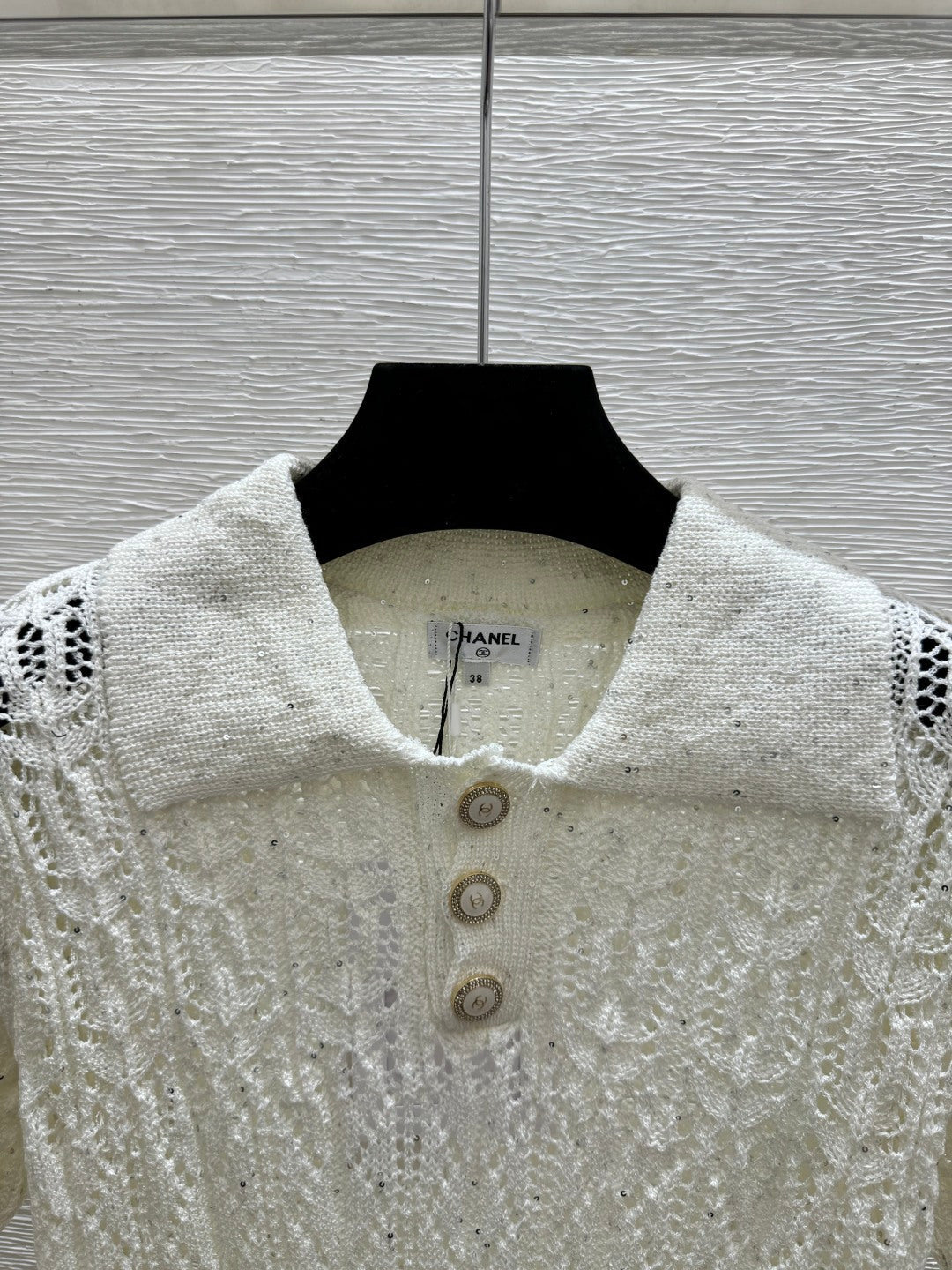 Chanel 2026 Sequin Hollow-Out Collar Knit Short-Sleeve Cotton 397678