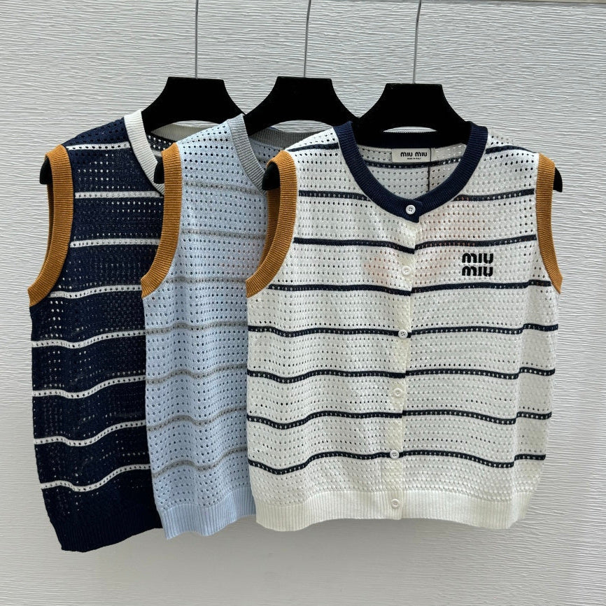 Miumiu 2026 Crew Neck Striped Knit Vest Tencel 397196