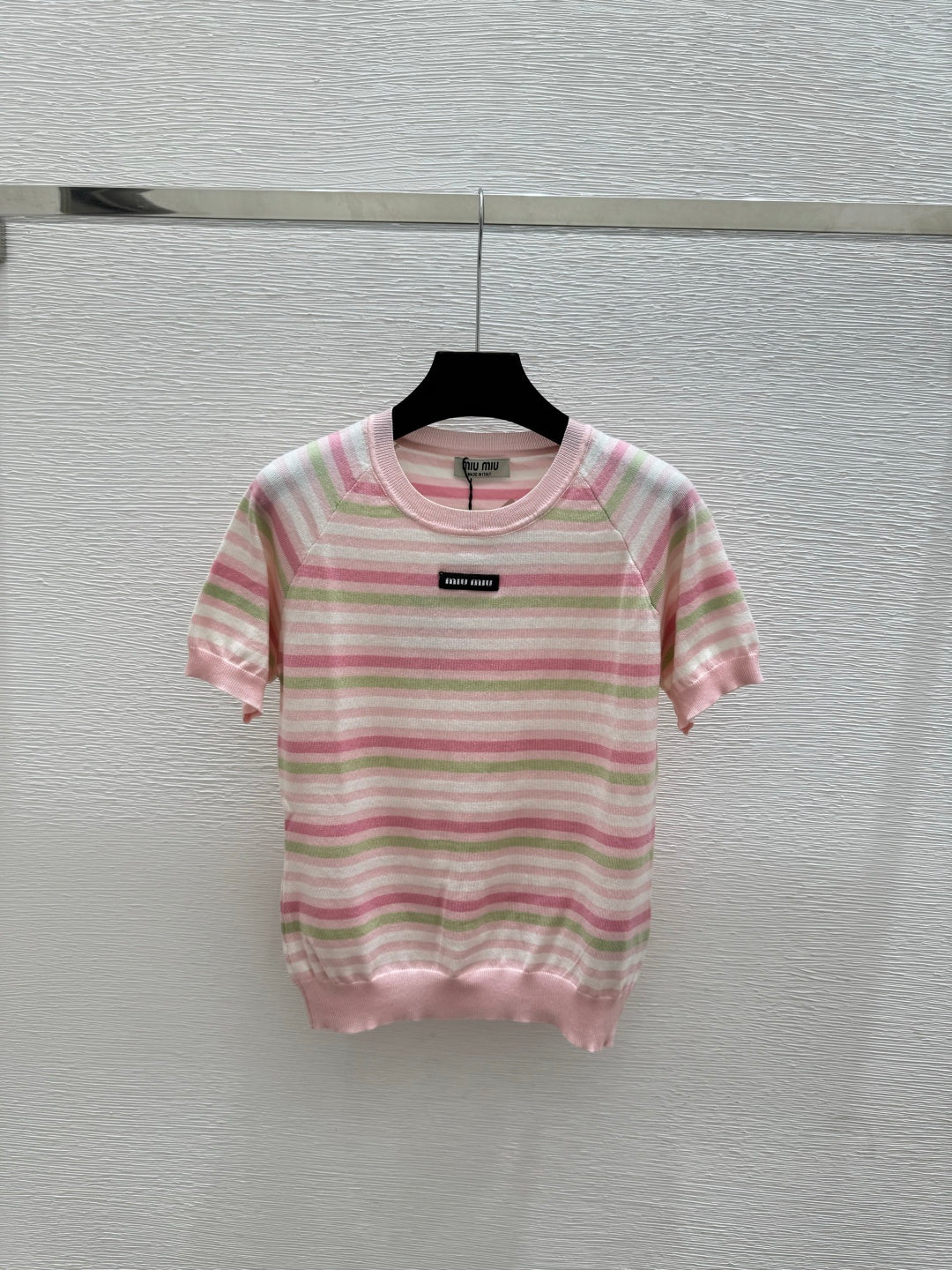 Miumiu 2026 Striped Crew Neck Knit Short-Sleeve T-Shirt Pink Blue Wool 397726