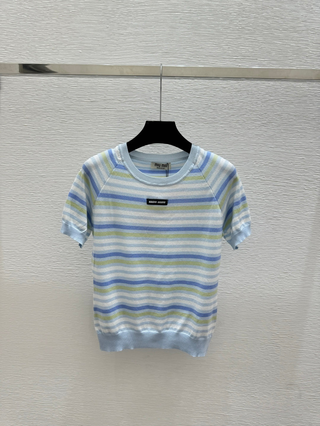 Miumiu 2026 Striped Crew Neck Knit Short-Sleeve T-Shirt Pink Blue Wool 397726