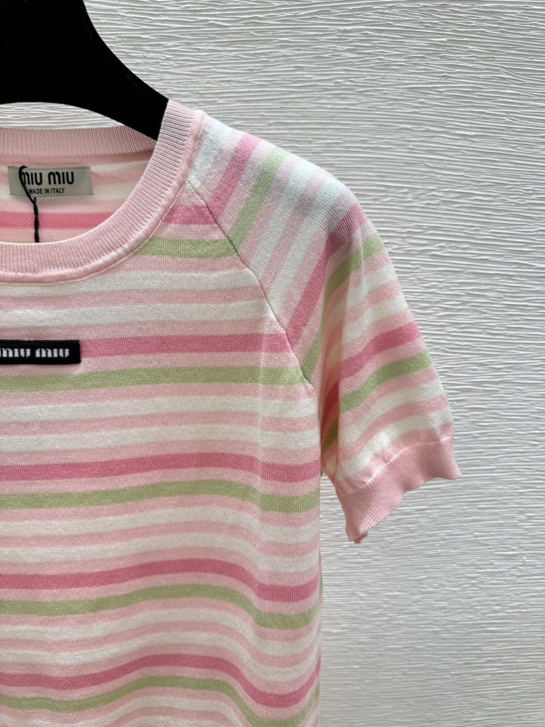 Miumiu 2026 Striped Crew Neck Knit Short-Sleeve T-Shirt Pink Blue Wool 397726