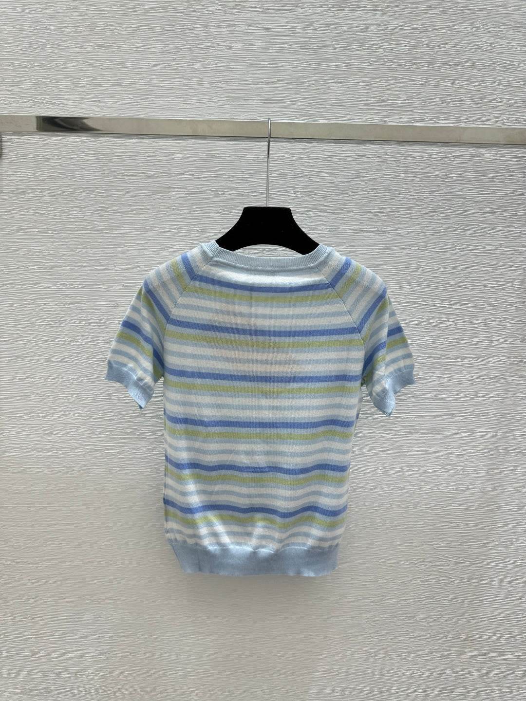 Miumiu 2026 Striped Crew Neck Knit Short-Sleeve T-Shirt Pink Blue Wool 397726