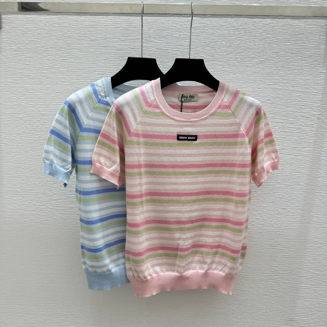 Miumiu 2026 Striped Crew Neck Knit Short-Sleeve T-Shirt Pink Blue Wool 397726
