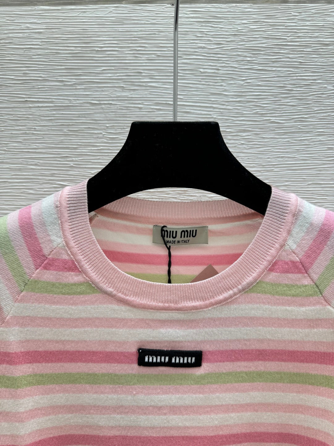 Miumiu 2026 Striped Crew Neck Knit Short-Sleeve T-Shirt Pink Blue Wool 397726