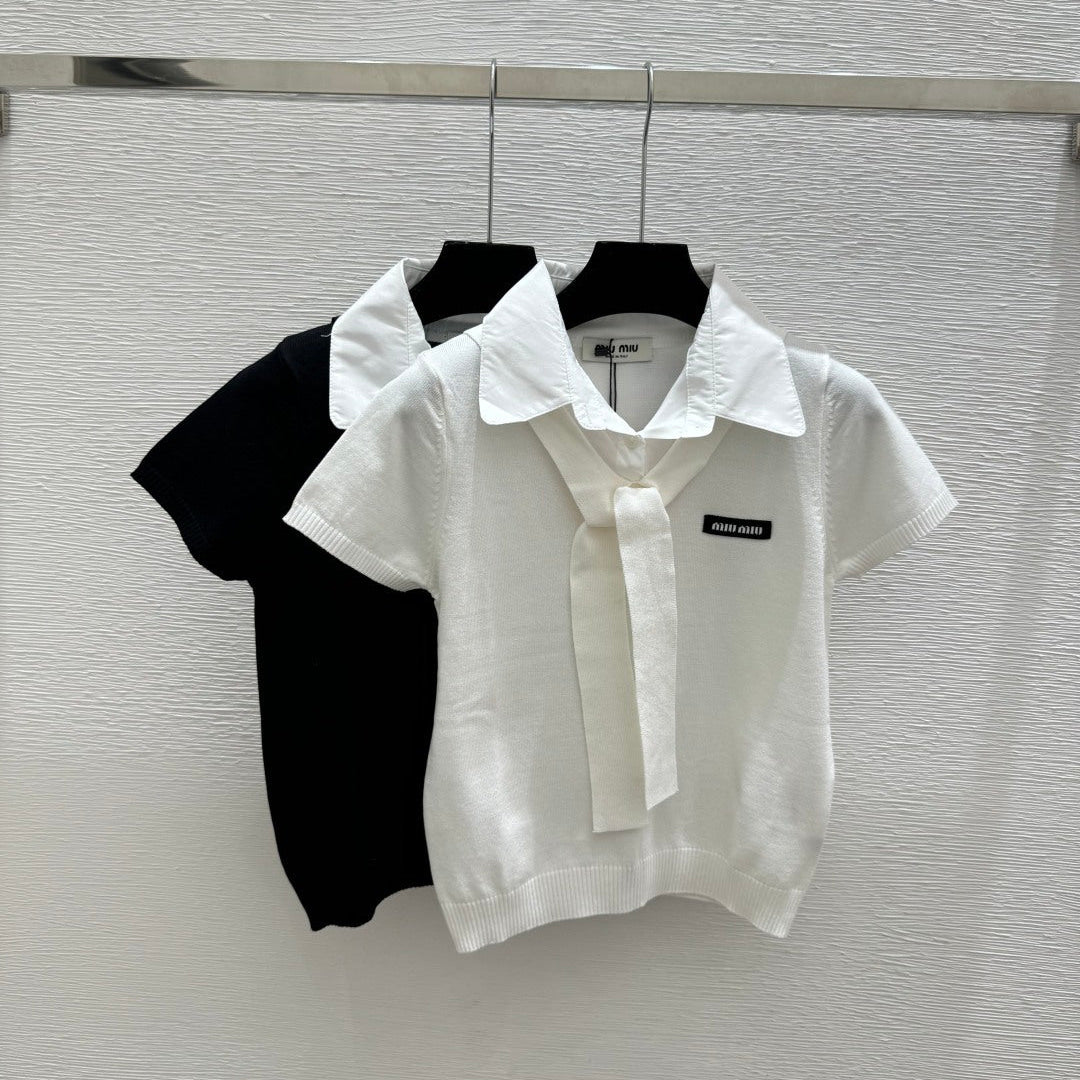 Miumiu 2026 Collar Simple Knit Short-Sleeve White Black Cotton 397738