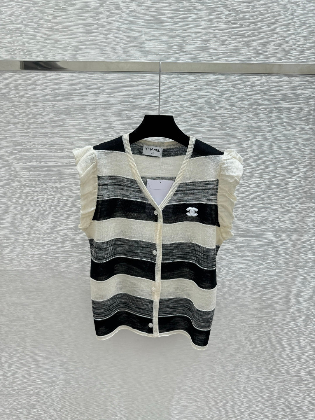 Chanel 2026 Striped Simple V-Neck Knitted Vest Cardigan Tencel 516056