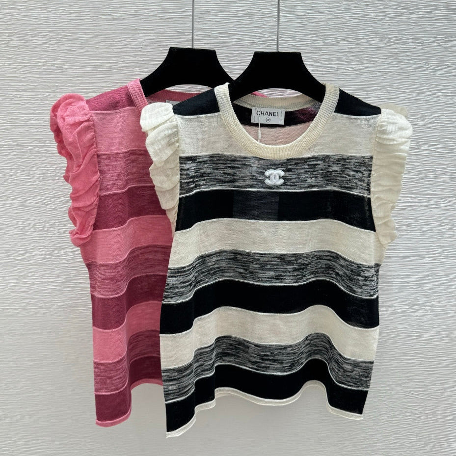 Chanel 2026 Striped Crew Neck Knitted Vest Tencel 516058