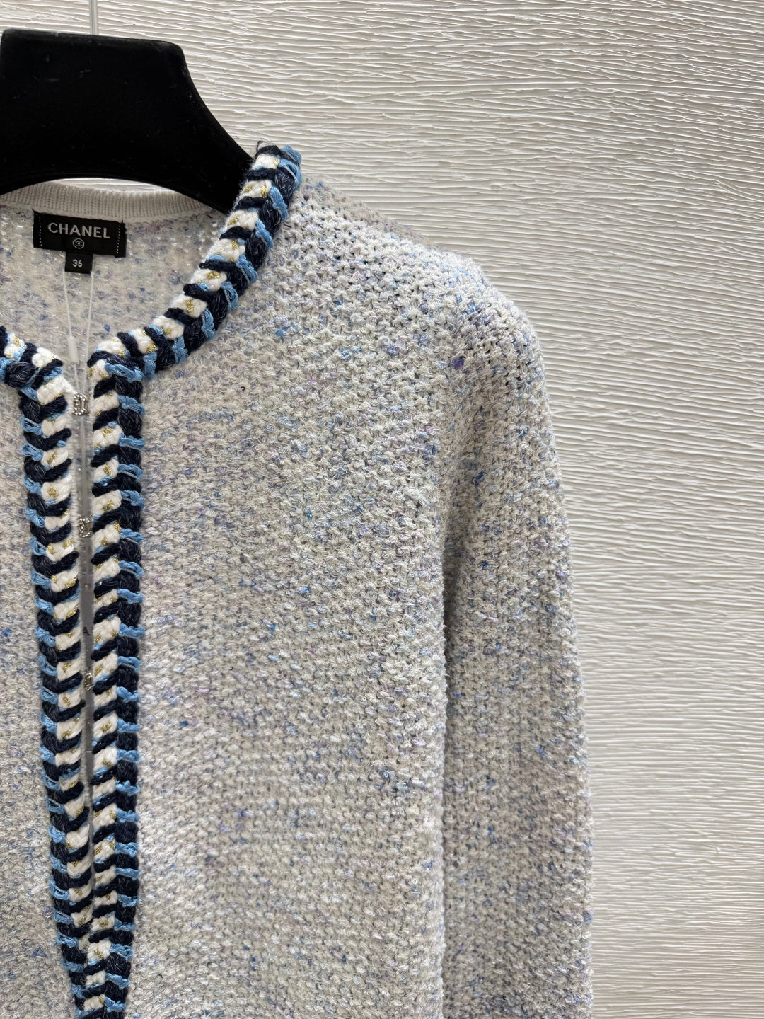 Chanel 2026 Knitted Long Sleeve Cardigan Grey mix Blue Wool 244662