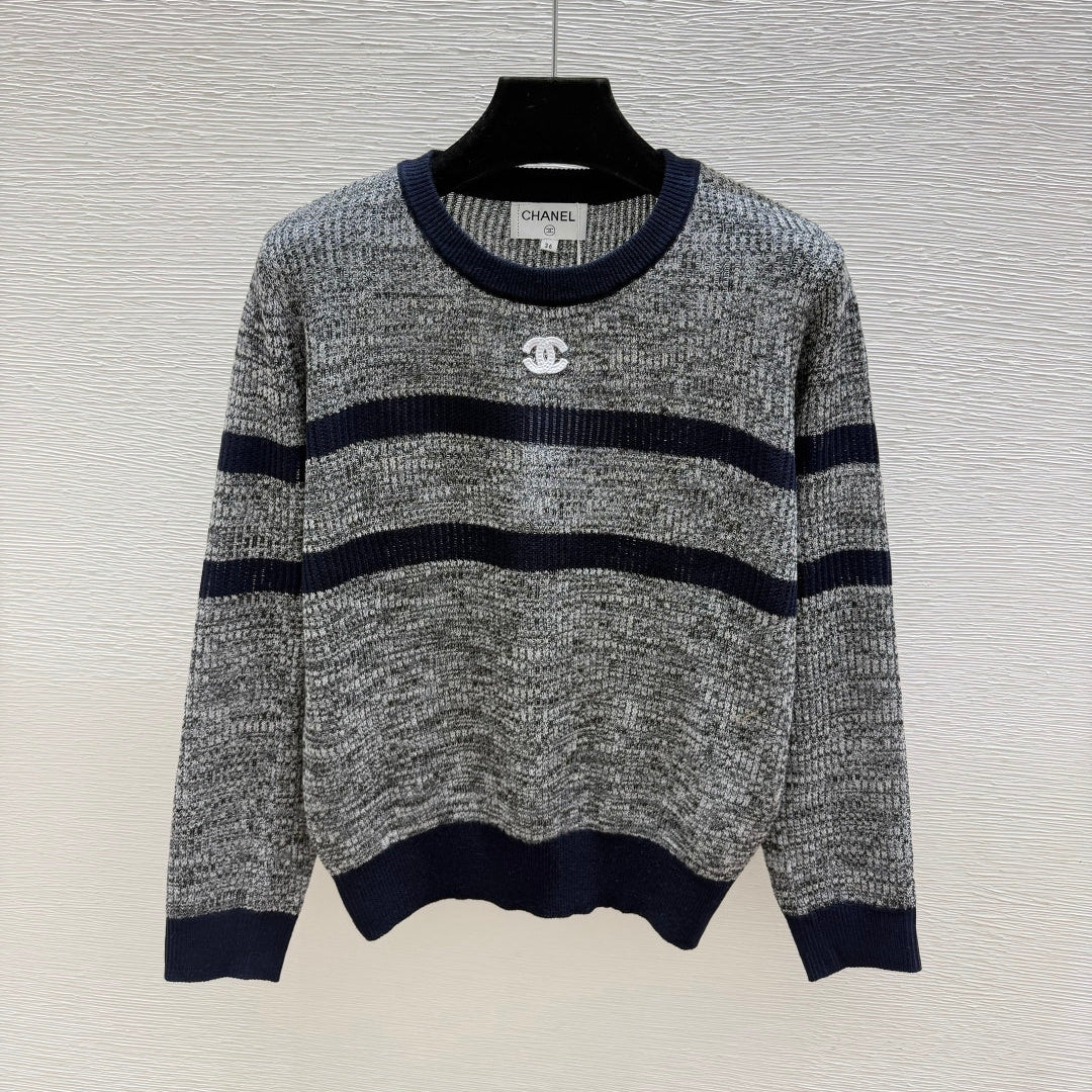 Chanel 2026 Striped Crew Neck Knit Long Sleeve Gray Wool 244670