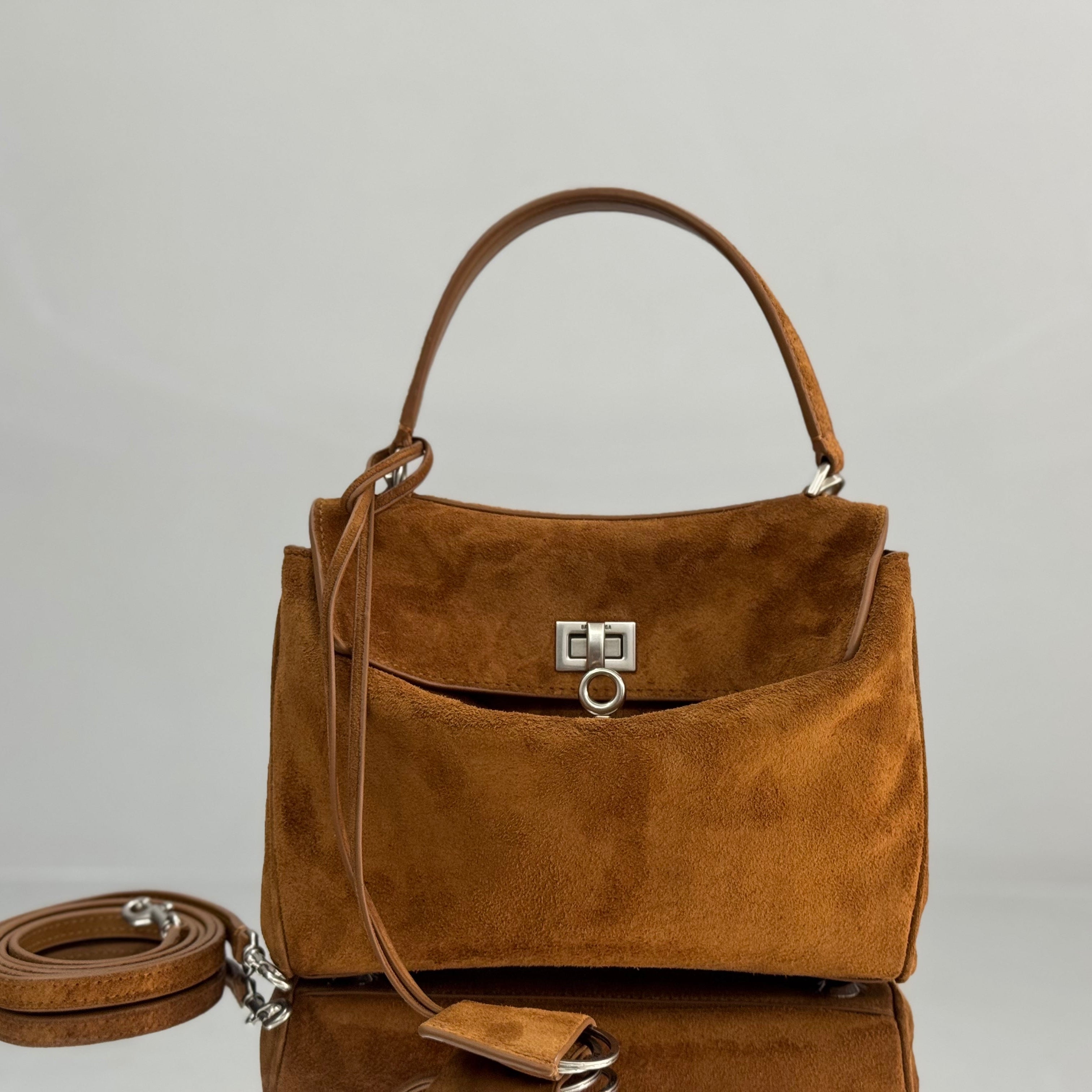 Balenciaga Mini Bag 22 Camel Brown Suede Sliver Hardware