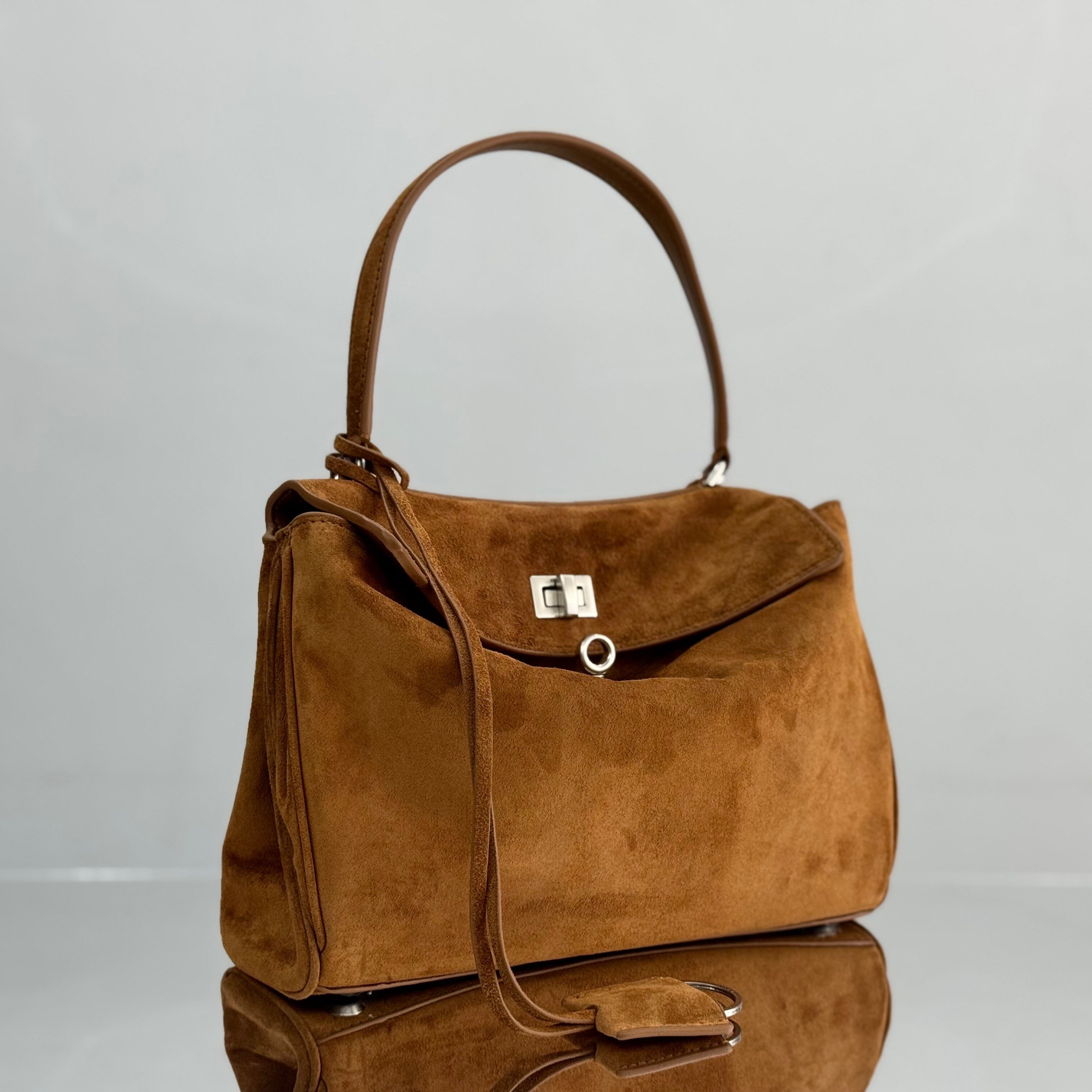 Balenciaga Small Bag 29 Camel Brown Suede Sliver Hardware