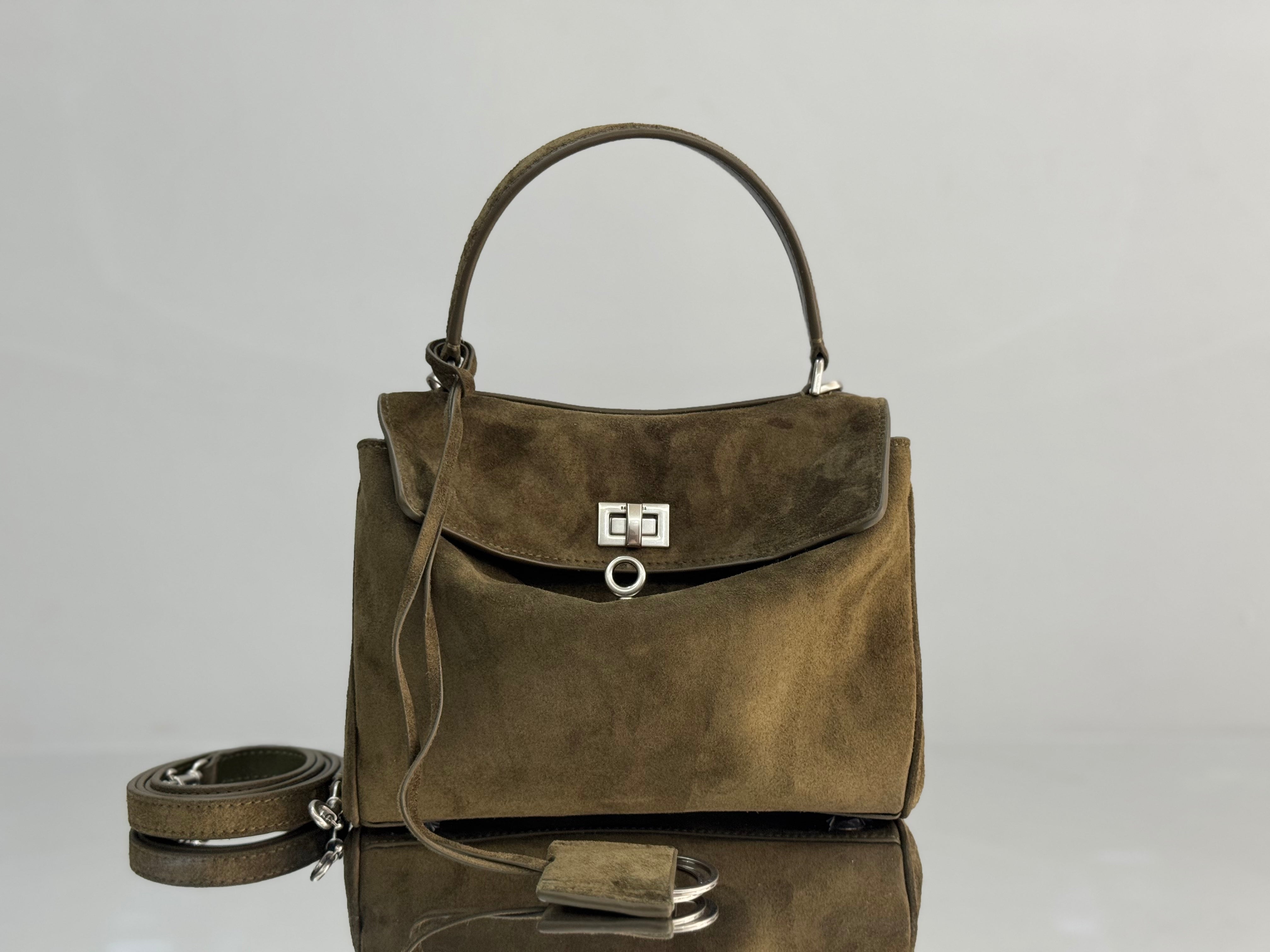 Balenciaga Mini Bag 22 Olive Green Suede Sliver Hardware