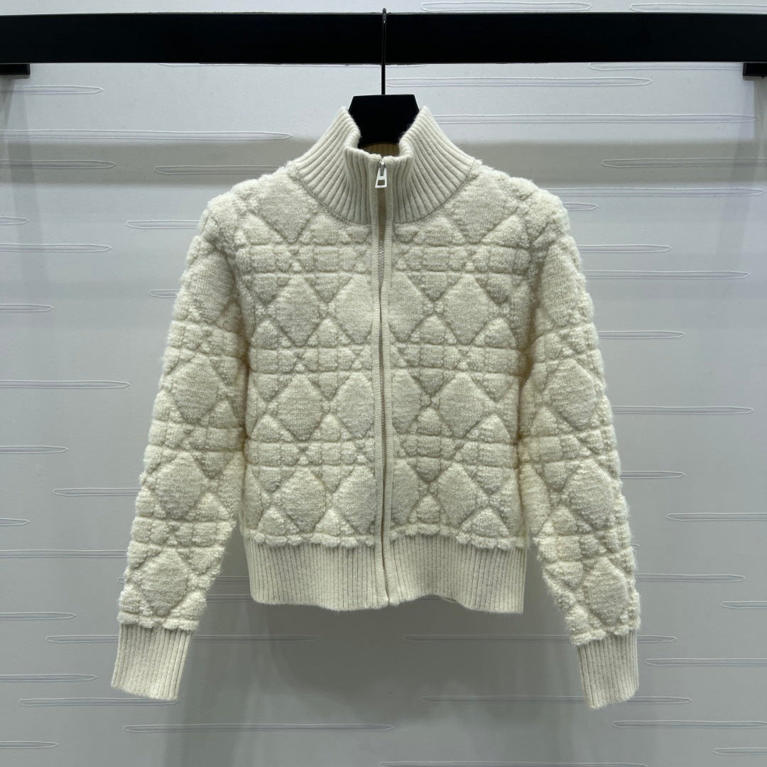 CD 25 Cardigan Stand Collar Light Beige Wool