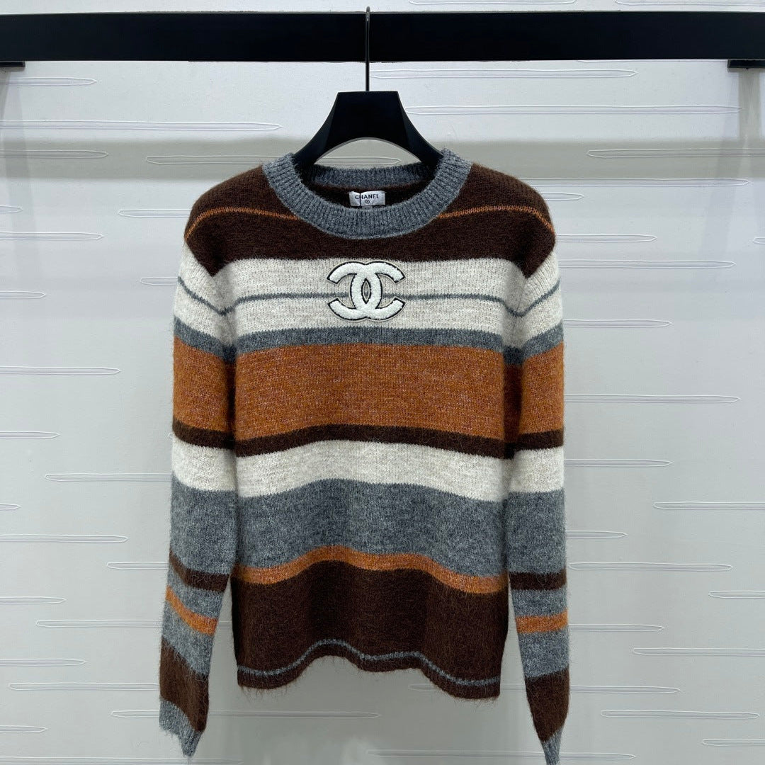 Chanel 2025 Striped Pullover Long-sleeved Sweater Brown Wool Cashmere 319607