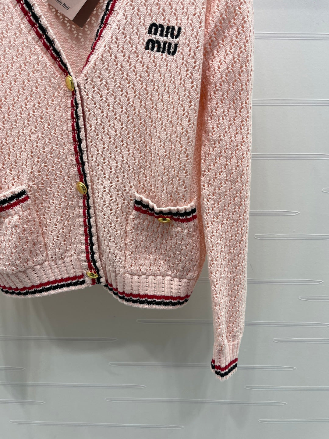 Miumiu 2026 V-neck Openwork Knit Cardigan Pink Wool 299315