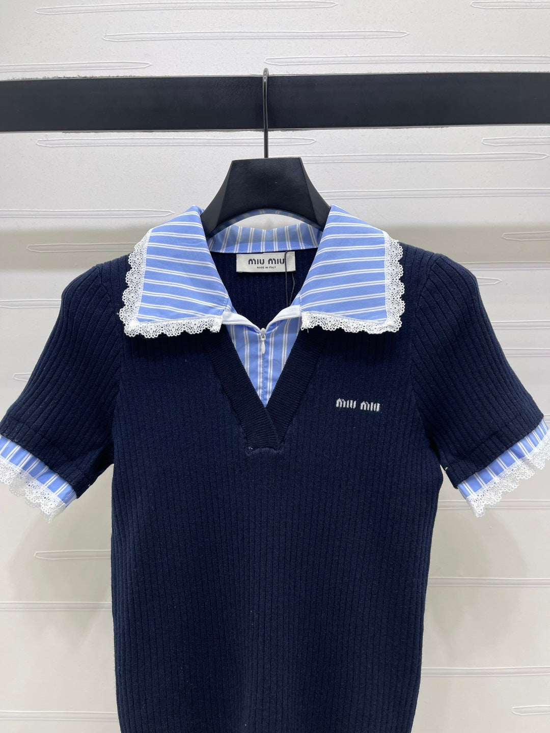 Miumiu 2026 Ribbed Knit Top With Striped Collar Blue Wool 352525