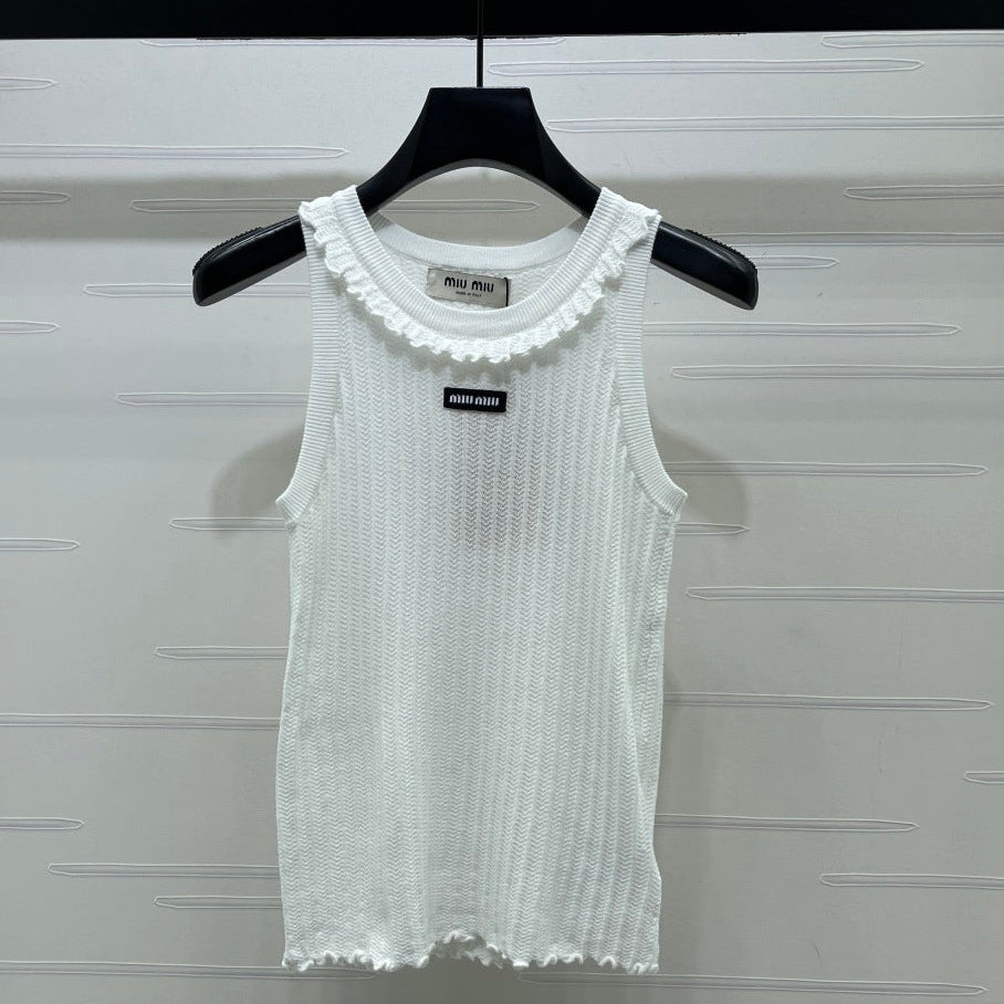 Miumiu 2026 Lace Collar Knitted Vest White Tencel 380691