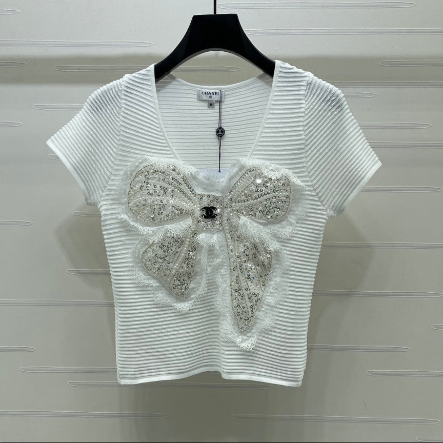 Chanel 2026 Lace Sequin Bow Knit Short-Sleeve T-Shirt Viscose 390731