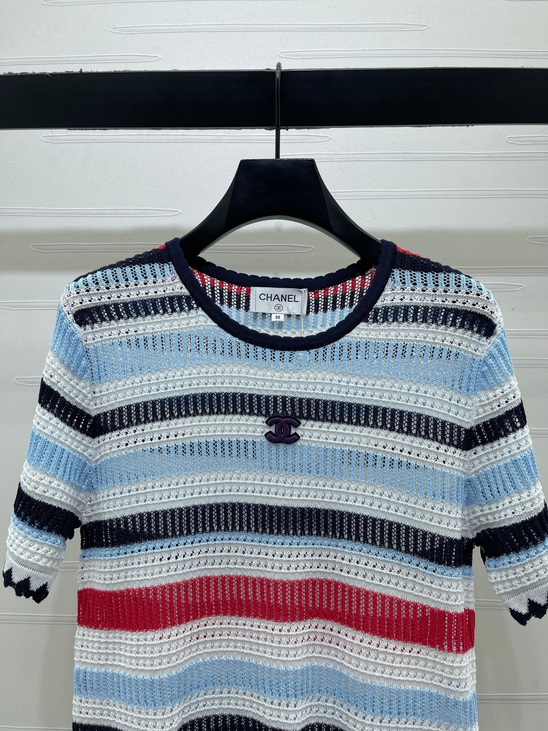 Chanel 2026 Striped Knit Short Sleeve Blue Red Black Tencel 397423