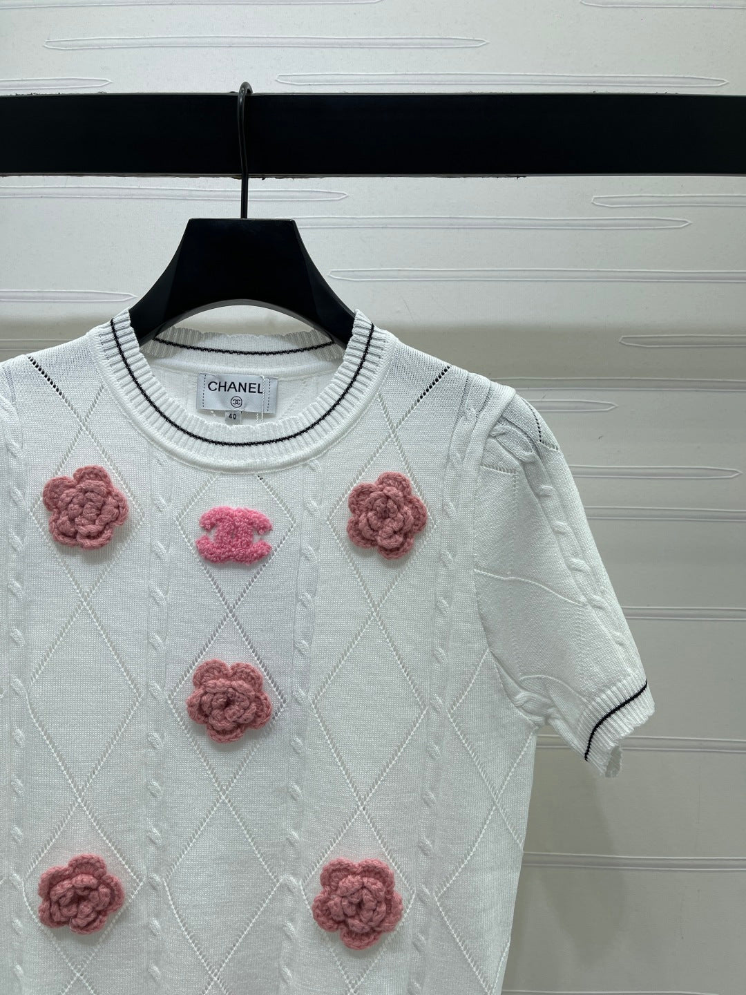 Chanel 2026 Diamond Pattern 3D Floral Knit Short Sleeve Cotton 397419