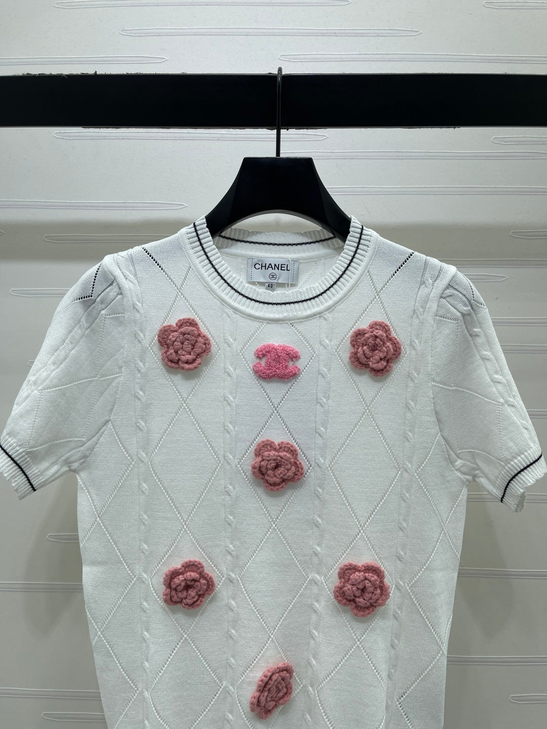 Chanel 2026 Diamond Pattern 3D Floral Knit Short Sleeve Cotton 397419