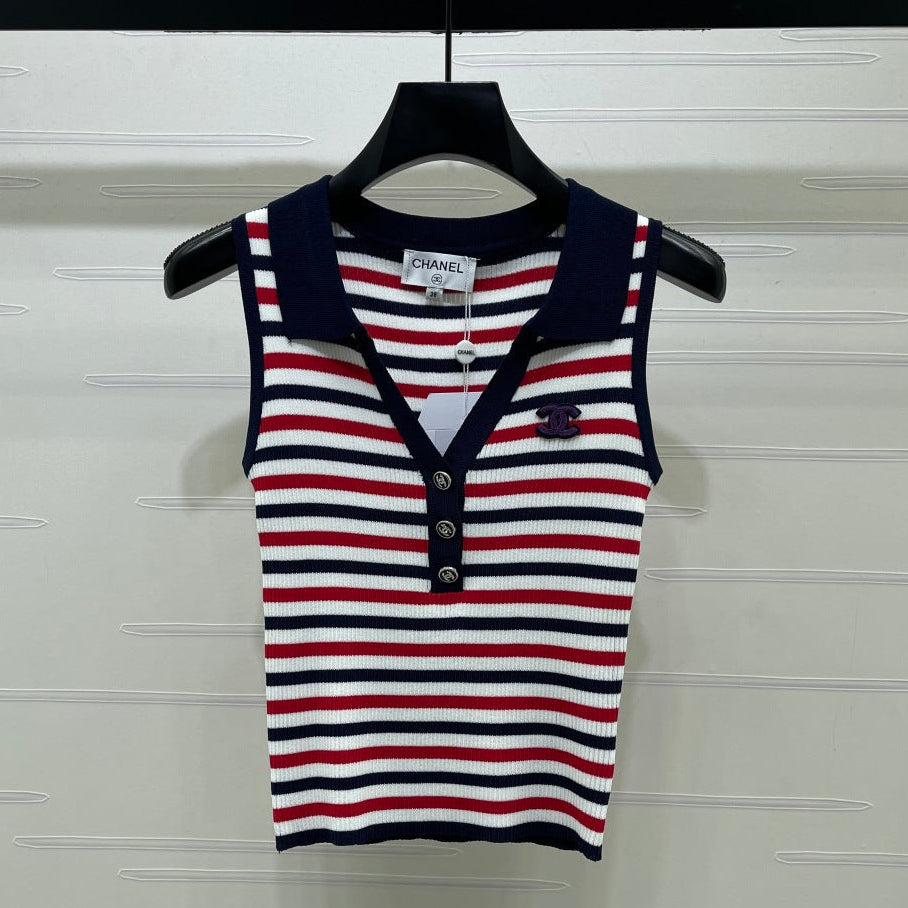 Chanel 2026 Striped Knitted Collared Vest Red White Blue Viscose 397310