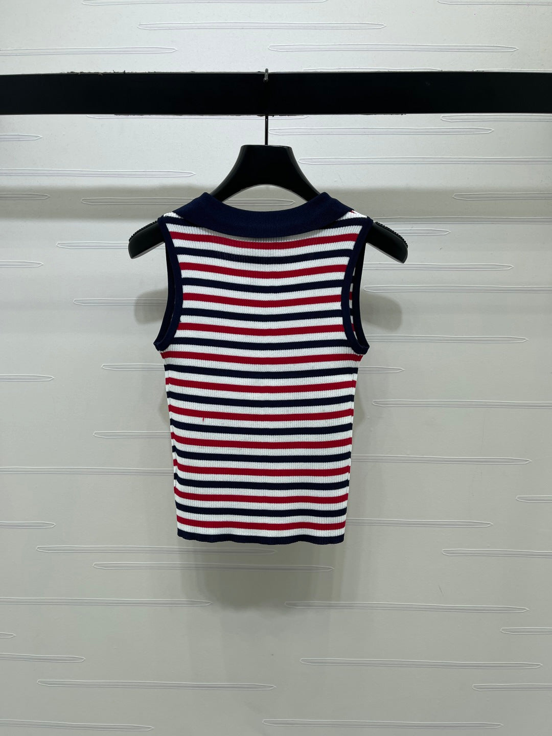 Chanel 2026 Striped Knitted Collared Vest Red White Blue Viscose 397310