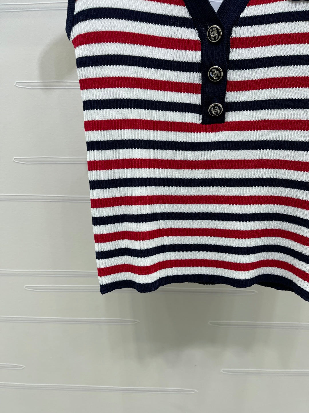 Chanel 2026 Striped Knitted Collared Vest Red White Blue Viscose 397310