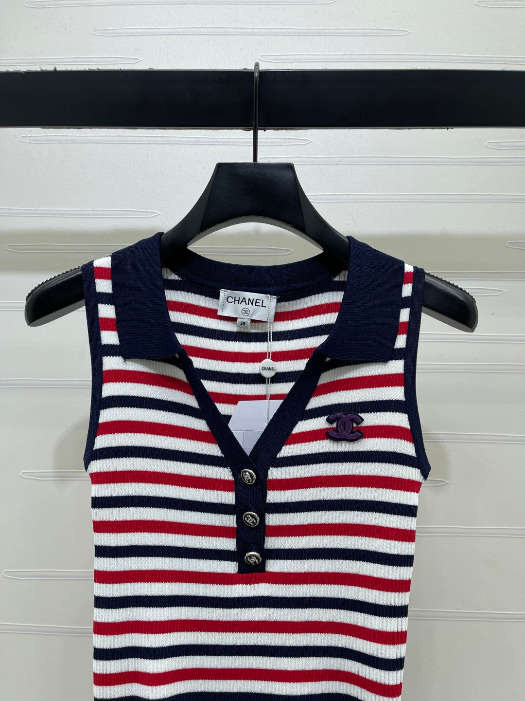 Chanel 2026 Striped Knitted Collared Vest Red White Blue Viscose 397310