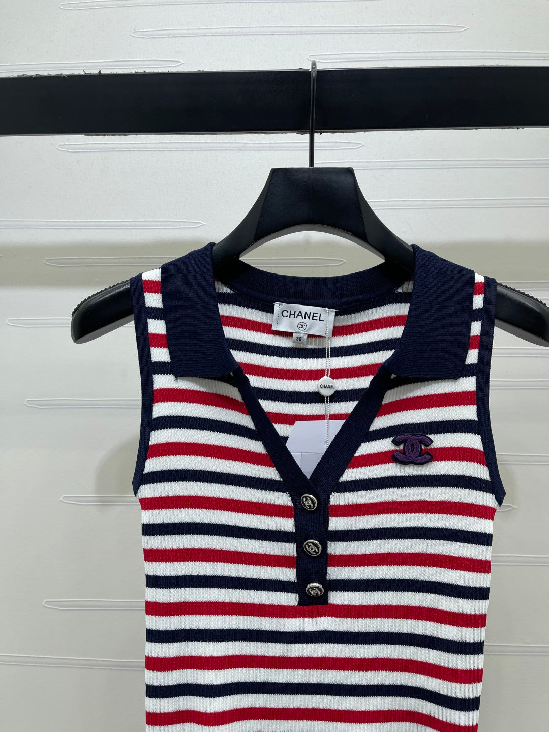 Chanel 2026 Striped Knitted Collared Vest Red White Blue Viscose 397310