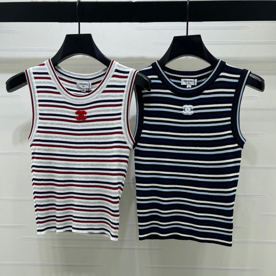 Chanel 2026 Crew Neck Striped Knit Vest Wool 677712
