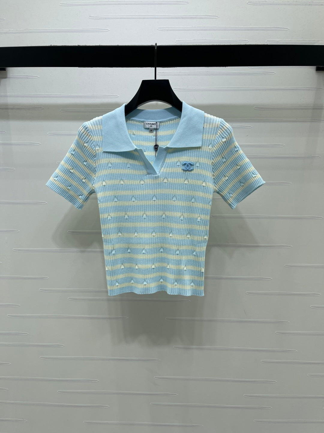 Chanel 2026 Striped Collared Knit Short-Sleeve T-Shirt Cotton 677728