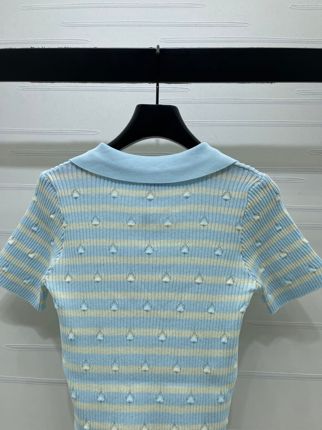 Chanel 2026 Striped Collared Knit Short-Sleeve T-Shirt Cotton 677728