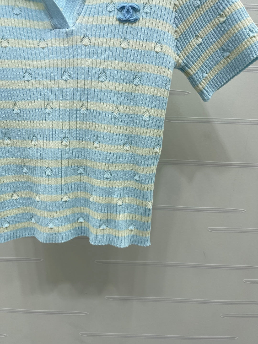 Chanel 2026 Striped Collared Knit Short-Sleeve T-Shirt Cotton 677728