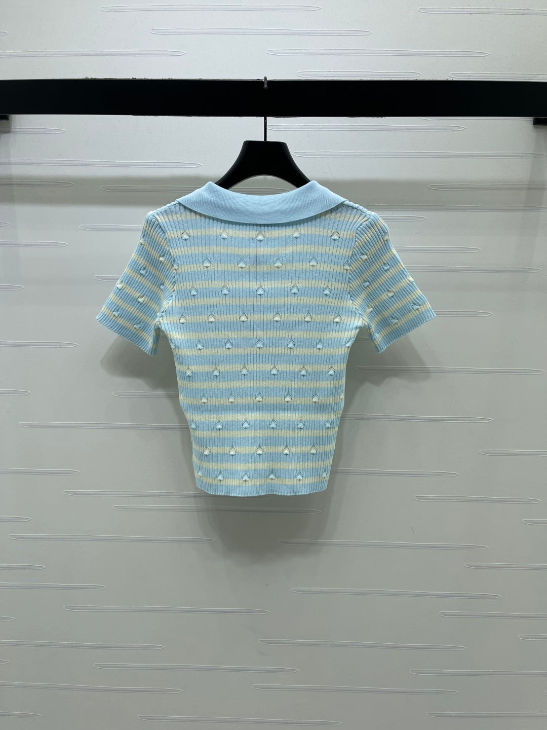 Chanel 2026 Striped Collared Knit Short-Sleeve T-Shirt Cotton 677728