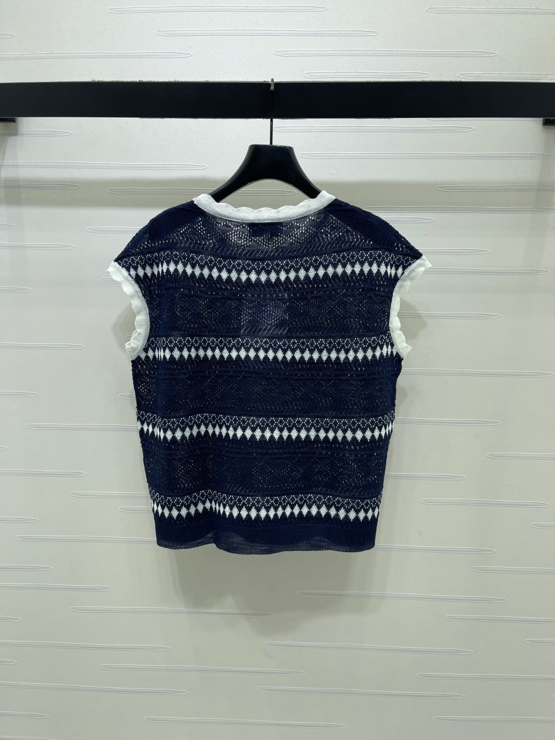 Chanel 2026 Hollow-out Striped Knit Vest Navy Blue Viscose 677769