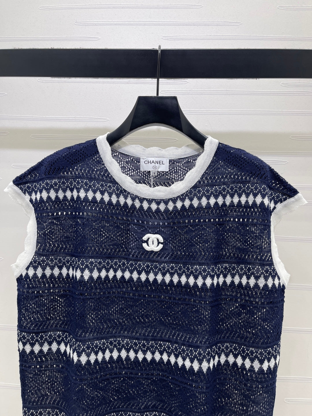 Chanel 2026 Hollow-out Striped Knit Vest Navy Blue Viscose 677769
