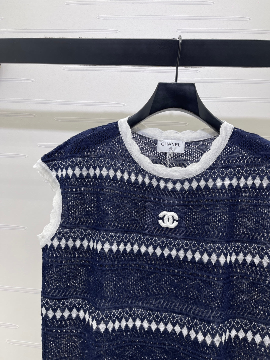 Chanel 2026 Hollow-out Striped Knit Vest Navy Blue Viscose 677769