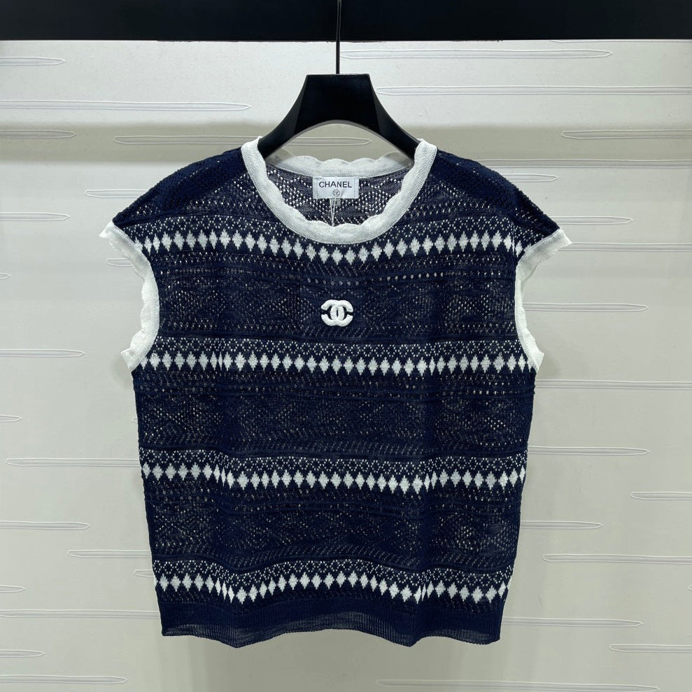 Chanel 2026 Hollow-out Striped Knit Vest Navy Blue Viscose 677769