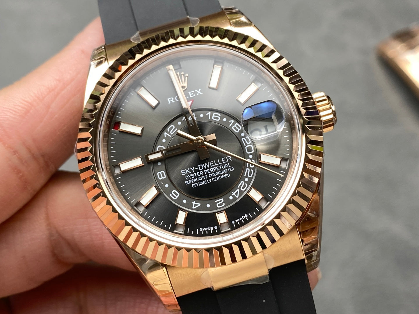 Rolex Sky-Dweller 42mm Rose Gold Case Grey Dial Rubber Strap