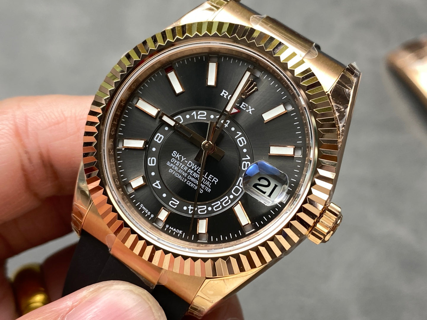 Rolex Sky-Dweller 42mm Rose Gold Case Grey Dial Rubber Strap