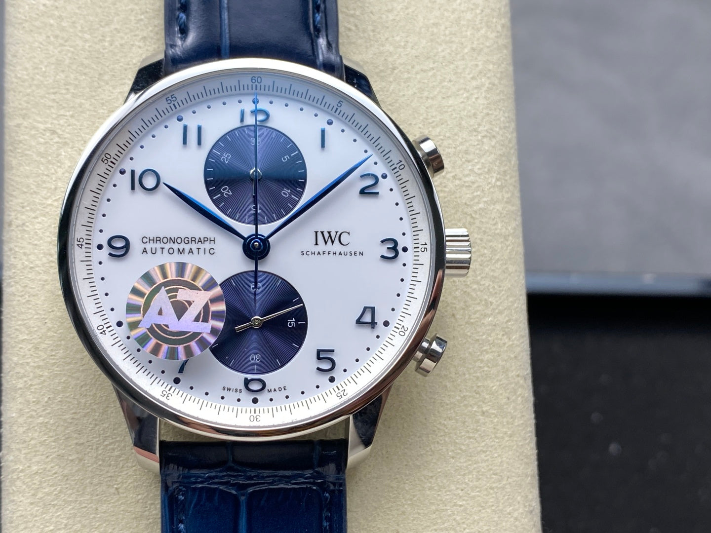 IWC Portuguese 41mm White Blue Dial Steel Case Navy Blue Leather