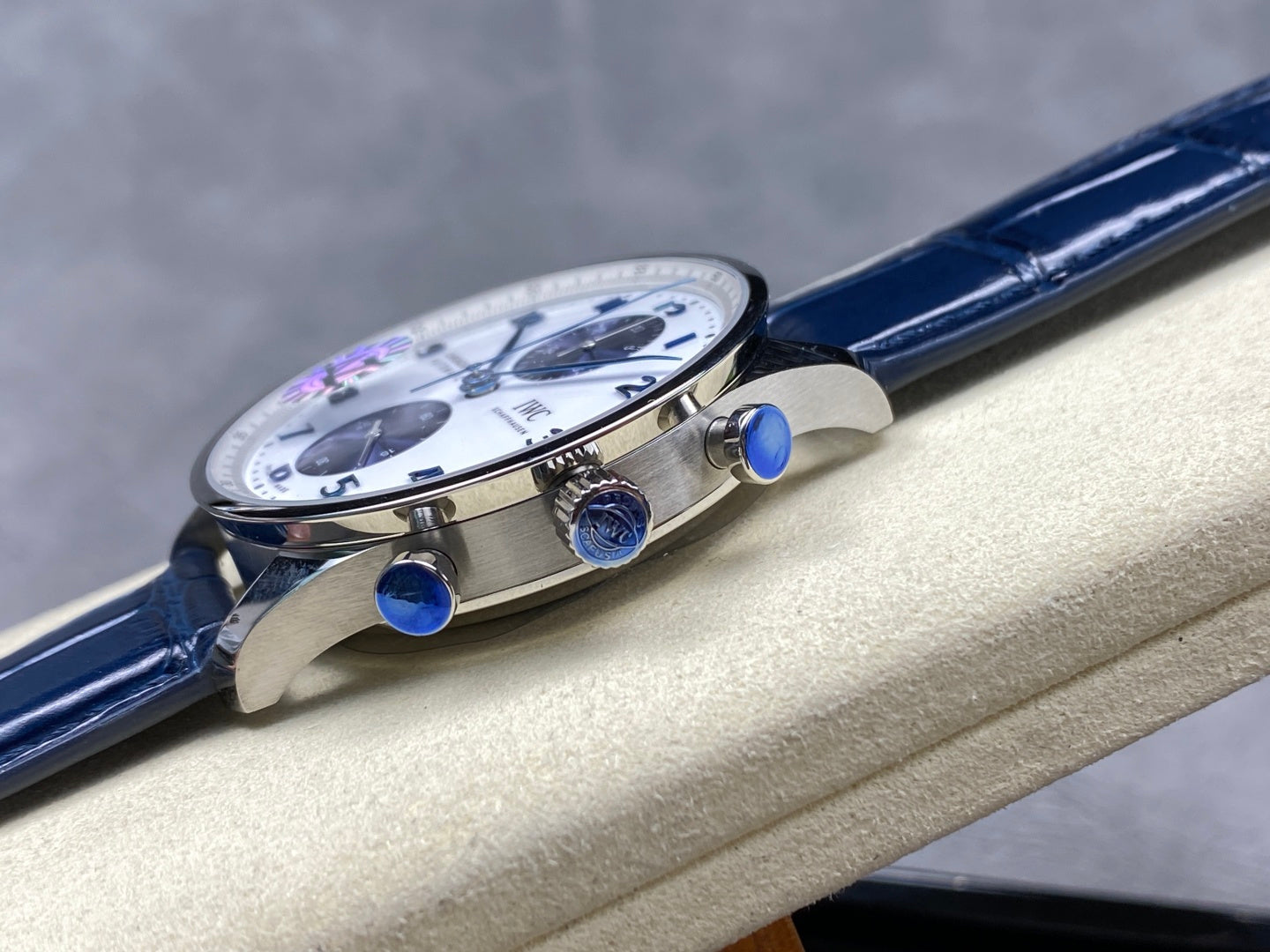 IWC Portuguese 41mm White Blue Dial Steel Case Navy Blue Leather