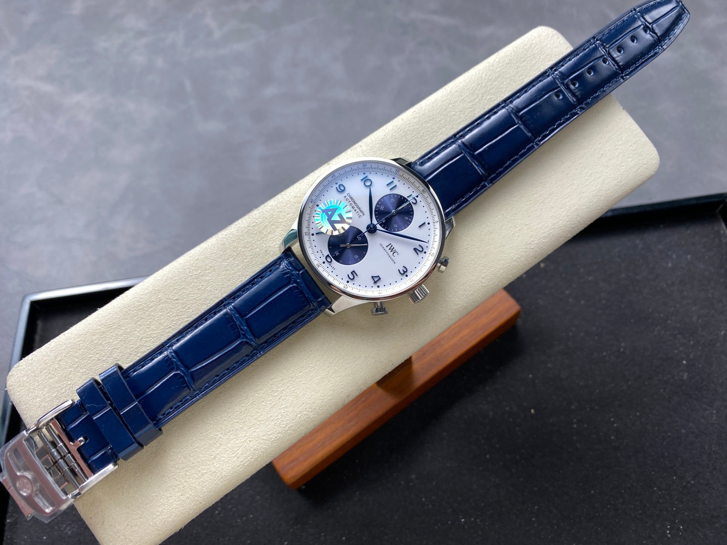 IWC Portuguese 41mm White Blue Dial Steel Case Navy Blue Leather
