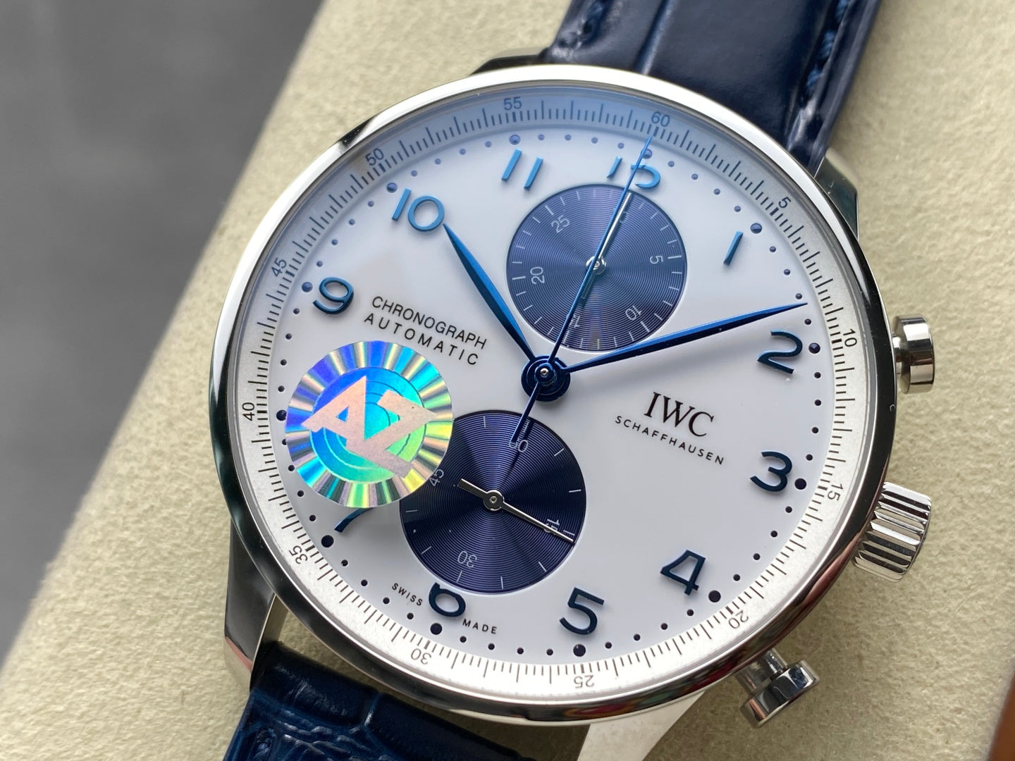 IWC Portuguese 41mm White Blue Dial Steel Case Navy Blue Leather