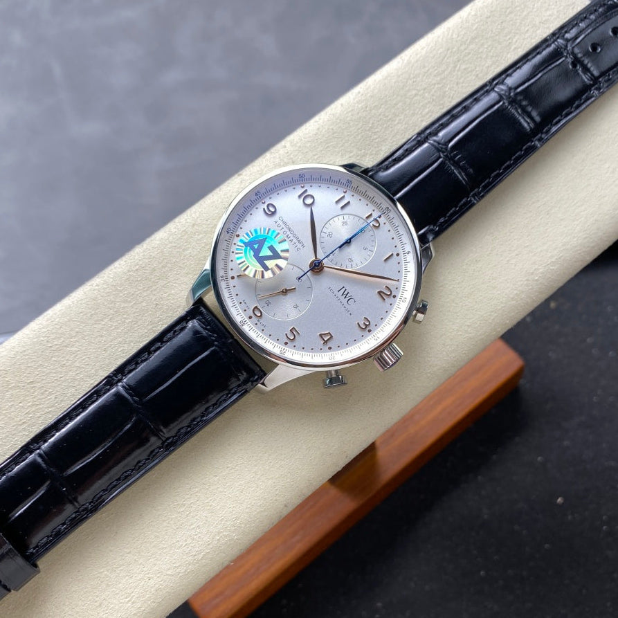 IWC Portuguese 41mm White Dial Steel Case Pink Gold Numerals Leather