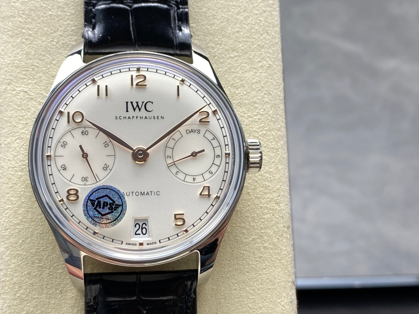 IWC Portuguese 42.4mm Cream Dial Steel Case Black Leather Strap
