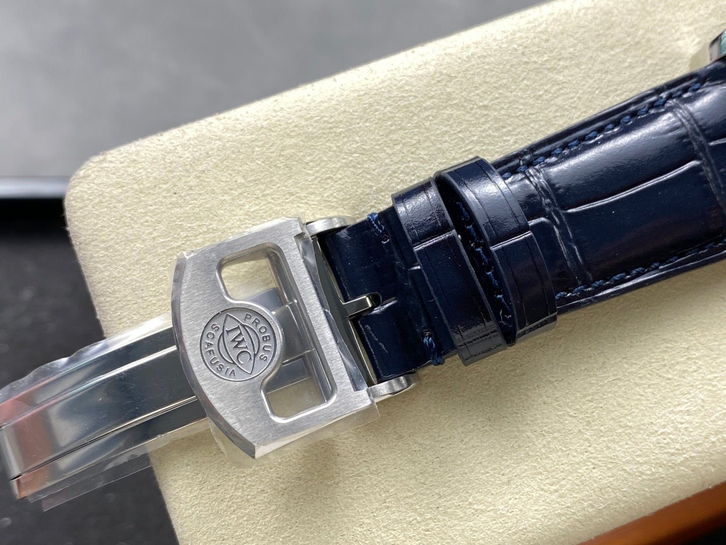 IWC Portuguese 42.4mm Cream Dial Steel Case Navy Blue Leather Strap